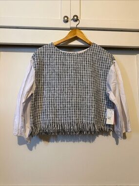 Riley & Rae Black and White Tweed Fringe blouse with White Balloon Sleeves